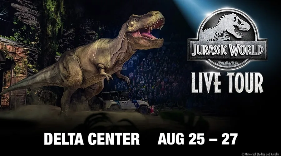 Jurassic World Live Tour at Delta Center August 25-27. Image of a t-rex