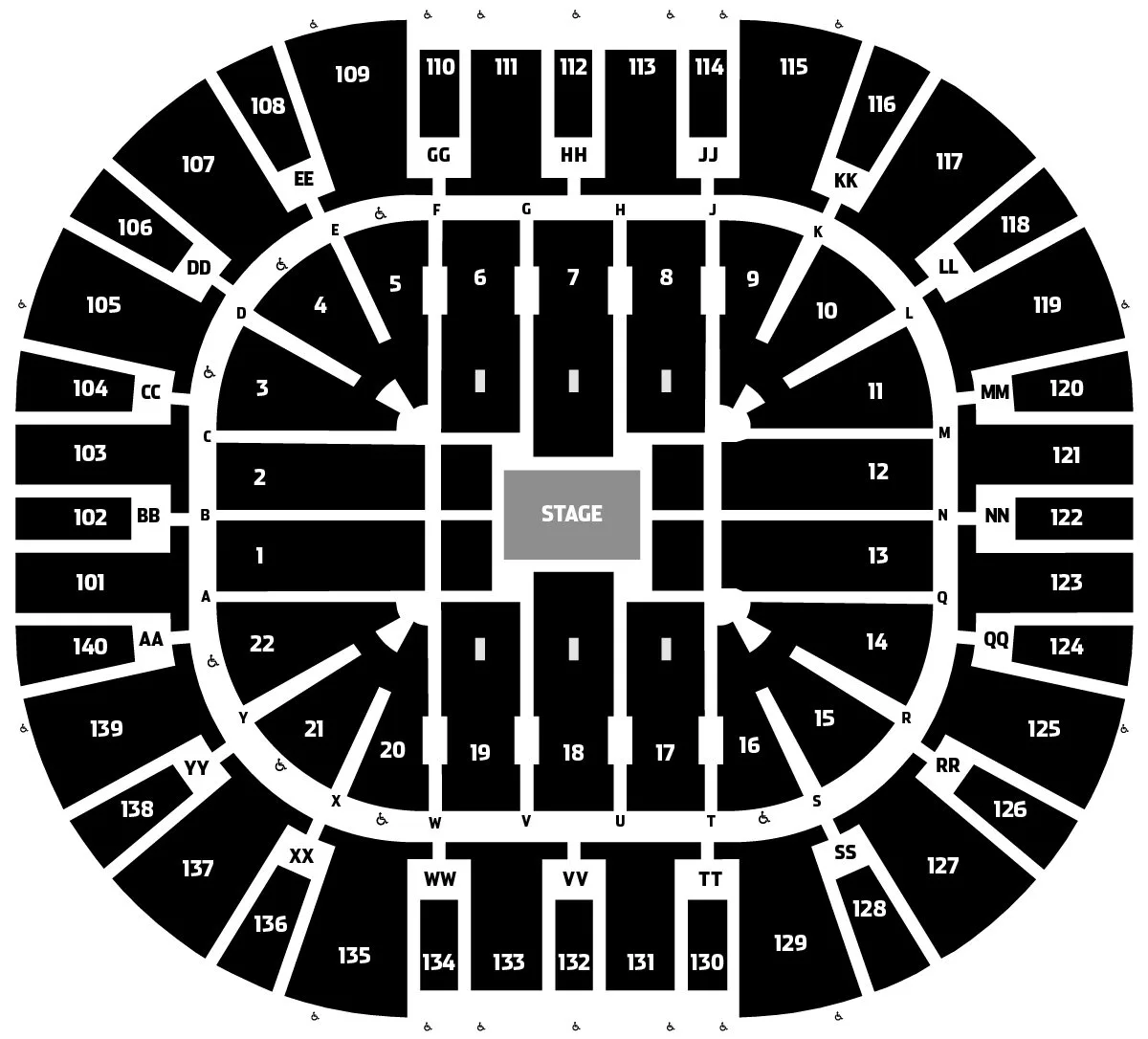 Black and white photo of seating map for a concert in the round