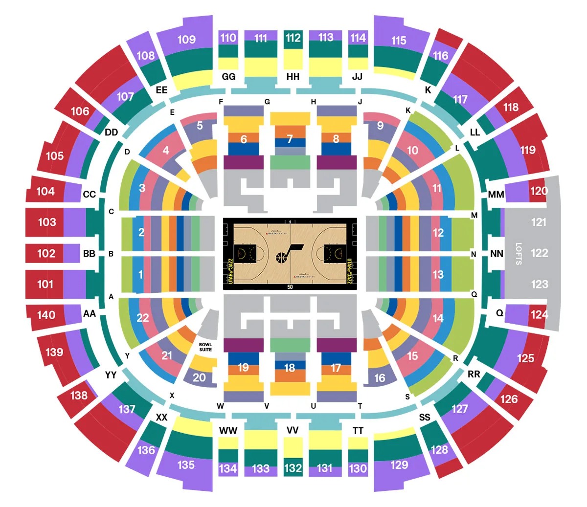 Seating map of Utah Jazz game, divided by sections